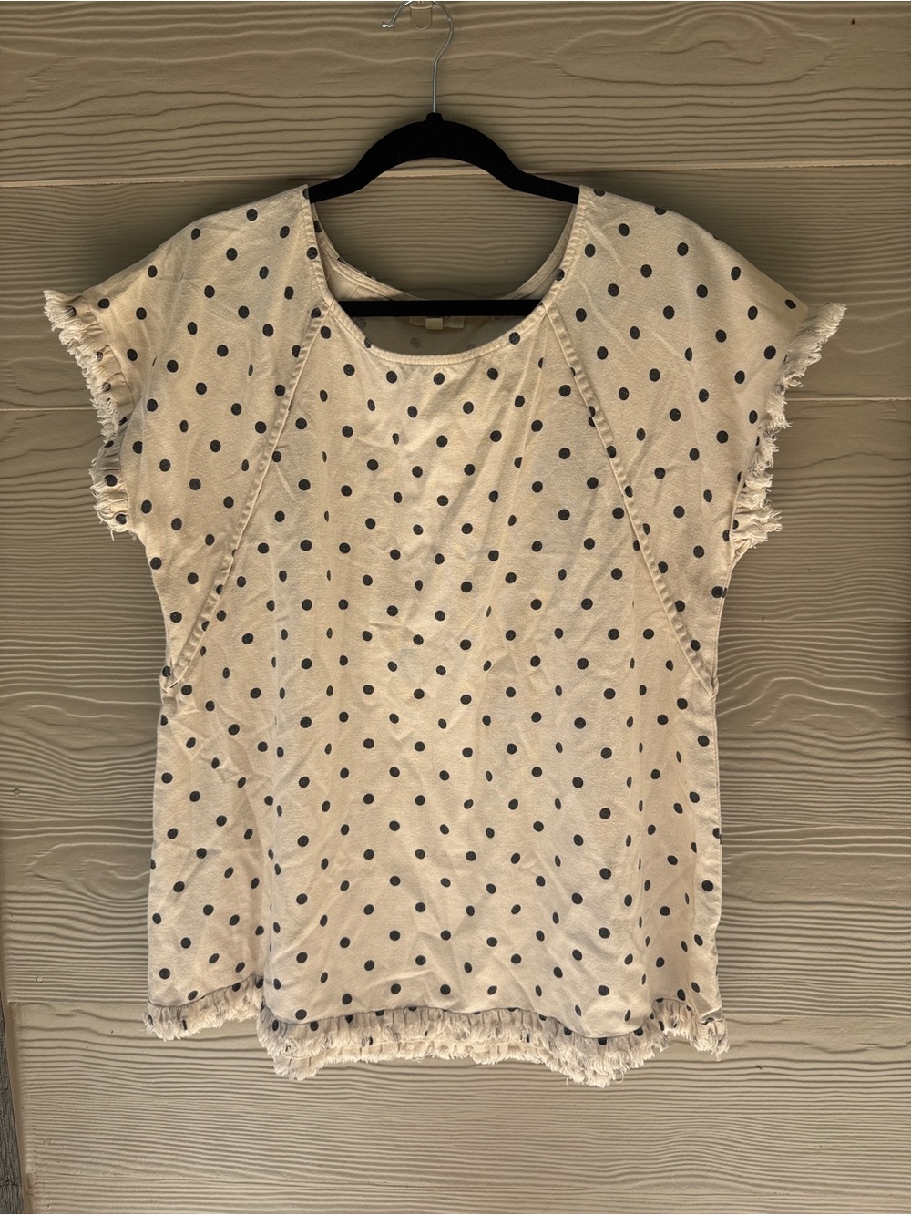 Umgee Polka Dot top linen blend Fringe Short Sleeve Cream and Black